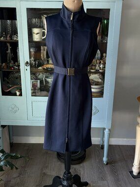 Tommy Hilfiger Dress Sz 12 Sleeveless Belted Full-zip Scuba Dress Navy Blue NWOT